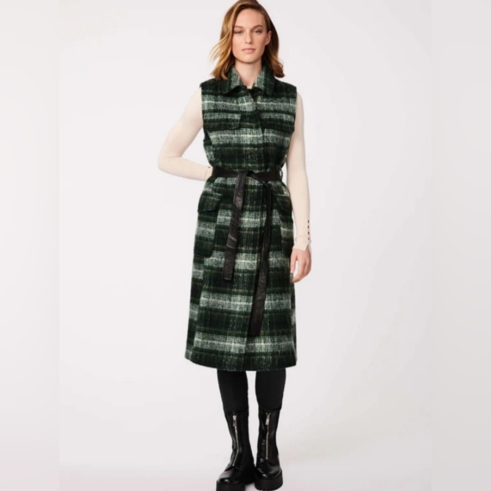 NWT BERNARDO Plaid Belted Long Wool Vest Women Holiday Green Plaid XL $270